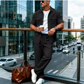 Summer New Men's Linen Loose-Fit Beach 2-Piece Casual Outdoor Sports Simple Double-Pocket Short-Sleeved Shirt + Long Pants Set